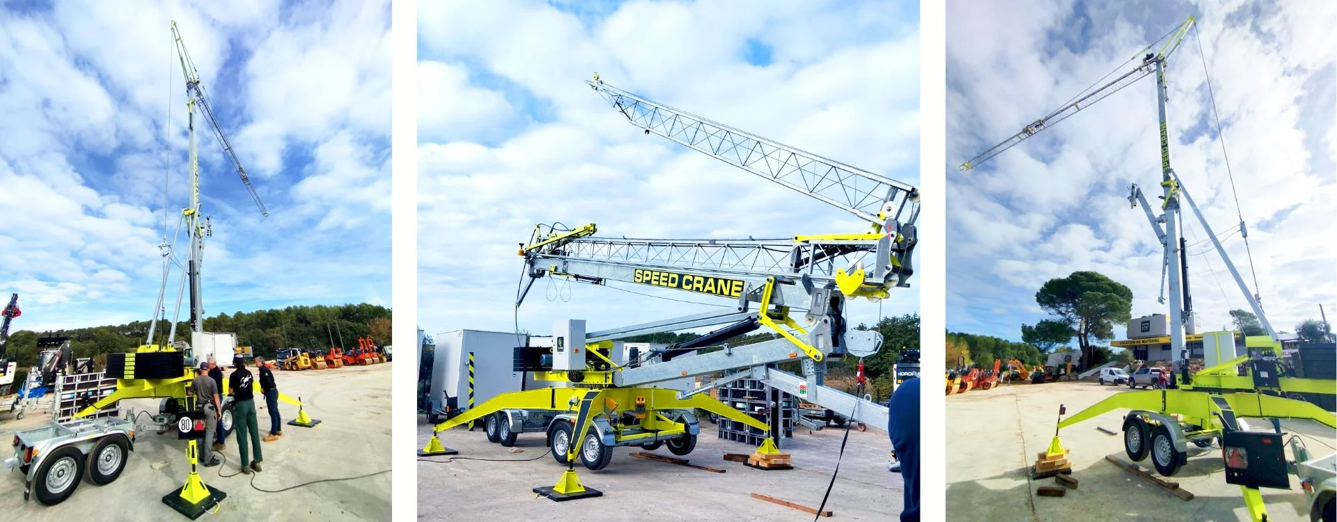 Trois photos d'une grue de la marque Speed Crane