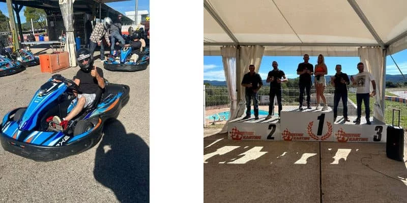Collaborateur sur le Kart avant le départ de la course et photo du podium avec les trois premiers
