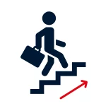 Pictogramme d'une personne avec une mallette montant des escaliers. Il représente la promotion et la mobilité interne