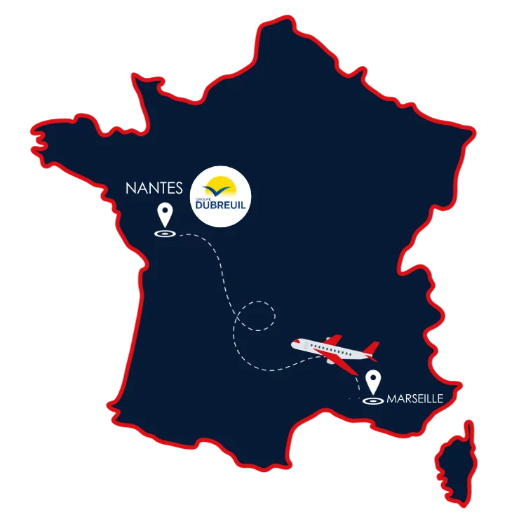 représentation de la carte de France avec un trajet partant de Marseille et allant à Nantes